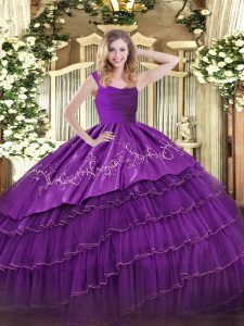 Unique Sleeveless Floor Length Embroidery and Ruffled Layers Zipper Quinceanera Gown with Eggplant Purple