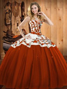 Classical Sweetheart Sleeveless Quinceanera Dresses Floor Length Embroidery Rust Red Satin and Tulle