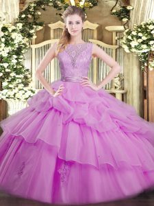Fancy Lilac Quince Ball Gowns Military Ball and Sweet 16 and Quinceanera with Lace and Ruffled Layers Scoop Sleeveless Backless