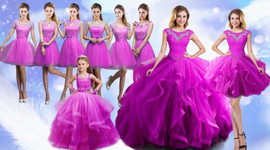 High End Sleeveless Organza Floor Length Lace Up Quinceanera Dress in Fuchsia with Beading and Ruffles