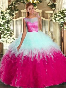 Latest Multi-color Ball Gowns Lace and Ruffles Sweet 16 Dress Backless Organza Sleeveless Floor Length