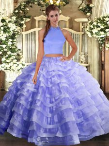 Lavender Two Pieces Halter Top Sleeveless Organza Floor Length Backless Beading and Ruffled Layers Quinceanera Dress