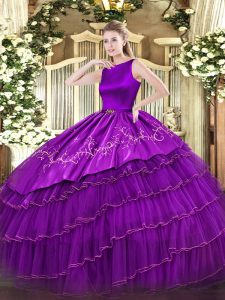 Purple Organza Clasp Handle Scoop Sleeveless Floor Length Quince Ball Gowns Embroidery and Ruffled Layers