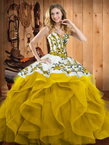 Wonderful Ball Gowns Quinceanera Gowns Yellow Sweetheart Satin and Organza Sleeveless Floor Length Lace Up