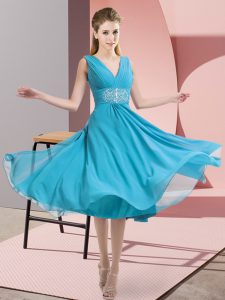 Artistic Knee Length Empire Sleeveless Aqua Blue Dama Dress Side Zipper