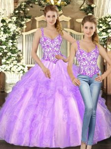 Floor Length Lace Up Sweet 16 Quinceanera Dress Lilac for Military Ball and Sweet 16 and Quinceanera with Beading and Ruffles