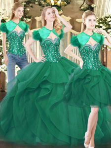 Sumptuous Dark Green Ball Gowns Sweetheart Sleeveless Tulle Floor Length Lace Up Beading and Ruffles Quinceanera Gown