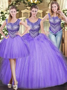 New Arrival Lavender Ball Gowns Tulle Scoop Sleeveless Beading and Ruffles Floor Length Lace Up Sweet 16 Dress