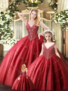 Red Tulle Lace Up Ball Gown Prom Dress Sleeveless Floor Length Beading