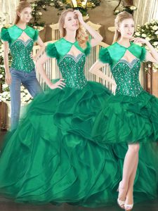 Beauteous Sleeveless Floor Length Beading and Ruffles Lace Up Ball Gown Prom Dress with Dark Green