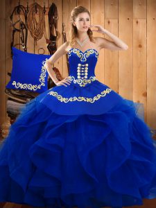 On Sale Floor Length Blue Quinceanera Gowns Organza Sleeveless Embroidery and Ruffles