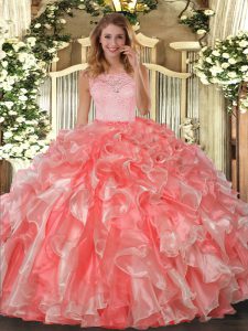 Smart Organza Scoop Sleeveless Clasp Handle Lace and Ruffles Sweet 16 Dresses in Coral Red