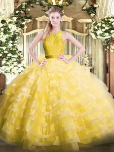 Yellow Sleeveless Floor Length Ruffled Layers Zipper 15 Quinceanera Dress