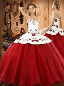 Halter Top Sleeveless 15 Quinceanera Dress Floor Length Embroidery Wine Red Satin and Tulle