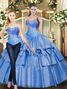 Floor Length Lace Up Sweet 16 Quinceanera Dress Baby Blue for Military Ball and Sweet 16 and Quinceanera with Beading and Ruffled Layers