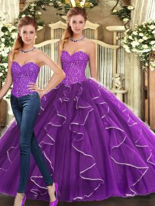 Sleeveless Organza Floor Length Lace Up Quinceanera Dress in Eggplant Purple with Beading and Ruffles