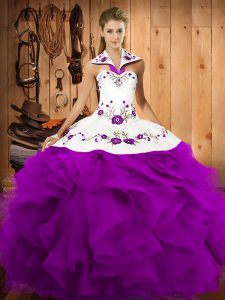 Comfortable Satin and Organza Halter Top Sleeveless Lace Up Embroidery and Ruffles Ball Gown Prom Dress in Purple