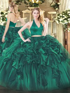 Fashionable Dark Green Two Pieces Organza Halter Top Sleeveless Ruffles Floor Length Zipper Sweet 16 Dresses