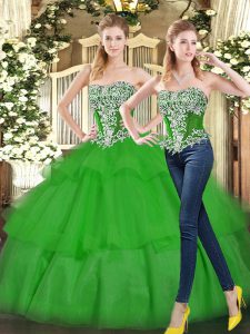 Green 15th Birthday Dress Military Ball and Sweet 16 and Quinceanera with Beading and Ruffled Layers Strapless Sleeveless Lace Up