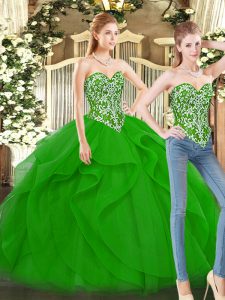 Green Lace Up Quinceanera Gown Beading and Ruffles Sleeveless Floor Length