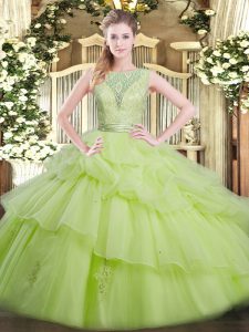 Smart Yellow Green Tulle Backless Ball Gown Prom Dress Sleeveless Floor Length Beading and Ruffled Layers