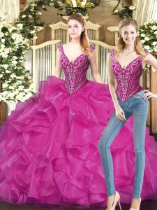 Fancy Fuchsia V-neck Lace Up Ruffles Sweet 16 Quinceanera Dress Sleeveless