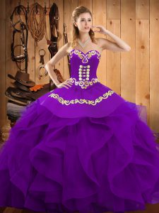 Purple Ball Gowns Embroidery and Ruffles 15th Birthday Dress Lace Up Organza Sleeveless Floor Length