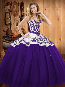 Sleeveless Floor Length Embroidery Lace Up Quinceanera Gowns with Purple