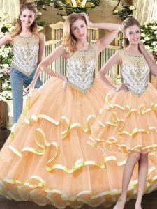Classical Peach Zipper Quinceanera Gown Beading and Ruffled Layers Sleeveless Floor Length