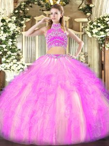 High-neck Sleeveless Quinceanera Dress Floor Length Beading and Ruffles Lilac Tulle