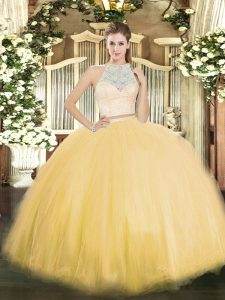 New Style Floor Length Two Pieces Sleeveless Gold Quinceanera Dress Zipper