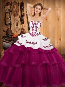 Fuchsia Sleeveless Tulle Sweep Train Lace Up 15th Birthday Dress for Military Ball and Sweet 16 and Quinceanera