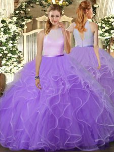 Lavender Ball Gowns Tulle High-neck Sleeveless Ruffles Floor Length Backless Sweet 16 Dress