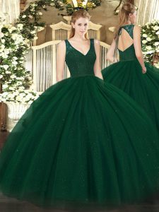 Sleeveless Tulle and Sequined Floor Length Zipper 15th Birthday Dress in Dark Green with Beading