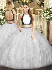 White Two Pieces Halter Top Sleeveless Tulle Floor Length Backless Ruffles Quinceanera Gown