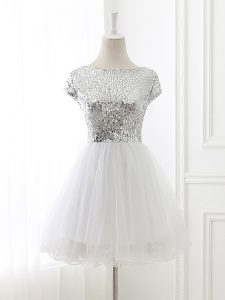 High Class White Quinceanera Court of Honor Dress Prom and Party and Wedding Party with Sequins Scoop Cap Sleeves Zipper