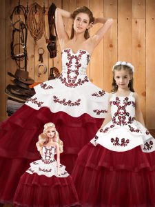 Smart Lace Up 15th Birthday Dress Wine Red for Military Ball and Sweet 16 and Quinceanera with Embroidery Sweep Train