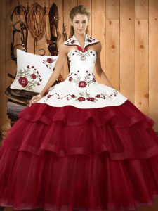 Wine Red Sleeveless Satin and Organza Sweep Train Lace Up 15th Birthday Dress for Military Ball and Sweet 16 and Quinceanera