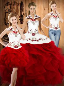 Wine Red Three Pieces Embroidery and Ruffles Quinceanera Gown Lace Up Satin and Organza Sleeveless Floor Length