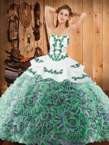 Custom Designed Satin and Fabric With Rolling Flowers Sleeveless With Train Quinceanera Dresses Sweep Train and Embroidery