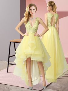 Yellow Tulle Backless Court Dresses for Sweet 16 Sleeveless High Low Beading and Lace