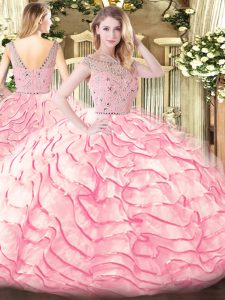 Baby Pink Quinceanera Dress Tulle Sweep Train Sleeveless Beading and Ruffled Layers