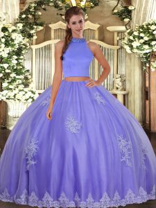 Inexpensive Lavender Tulle Backless Quinceanera Gown Sleeveless Floor Length Beading and Appliques