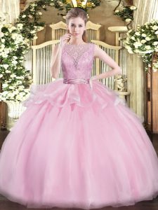 Glamorous Baby Pink Organza Backless Scoop Sleeveless Floor Length Sweet 16 Quinceanera Dress Lace