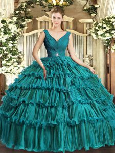 V-neck Sleeveless Organza Quinceanera Dresses Beading and Ruffled Layers Backless
