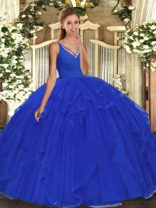 Blue Sleeveless Ruffles Floor Length Sweet 16 Quinceanera Dress
