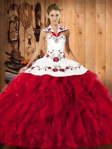 Ball Gowns Sweet 16 Dress Red Halter Top Satin and Organza Sleeveless Floor Length Lace Up