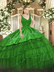High Class Beading and Lace and Embroidery and Ruffled Layers 15th Birthday Dress Green Backless Sleeveless Floor Length