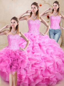 Lovely Floor Length Lilac 15th Birthday Dress Organza Sleeveless Beading and Ruffles