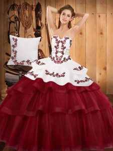 Fashion Burgundy Ball Gowns Tulle Strapless Sleeveless Embroidery and Ruffled Layers Lace Up Sweet 16 Dresses Sweep Train